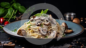 fetta pasta in a mushroom sauce served on a blue plate and garnished with mushrooms and basil green