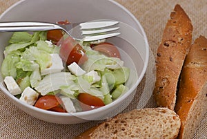 Fetta salad with slices of bread