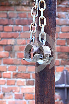 Fetters, manacles on brick background
