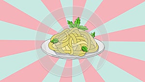 Fettuccine Alfredo pasta icon animation with a rotating background