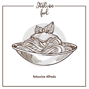 Fettuccine Alfredo pasta sketch vector icon for Italian cuisine food menu design