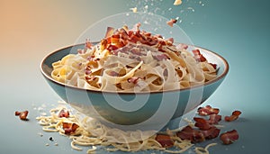 Fettuccine bursting energetically from a ceramic bowl with bacon bits and grated Parmesan on a pastel background