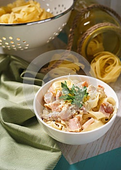 Fettuccine carbonara in a bowl