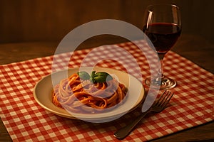 Fettuccine and Chianti in golden sunset light â AI generated