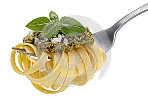 Fettuccine on fork, spaghetti isolated on white background