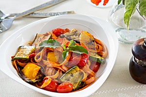 Fettuccine and Grilled vegetables in tomato sauce