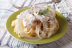 Fettuccine pasta in cream sauce with chicken closeup. horizontal