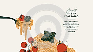 Fettuccine pasta on a fork. Italian food horizontal design template. Textured vintage illustration.