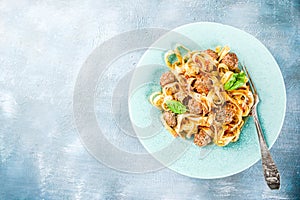 Fettuccine pasta with meatballs