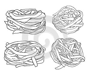 Fettuccine pasta noodles vector illustration-hand drawn-outline black isolated set of elements top view and side view nest noodles