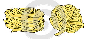 Fettuccine Pasta Noodles Vector Illustration-Hand Drawn-Outline Black Yellow Isolated set of Elements Top view and Side view