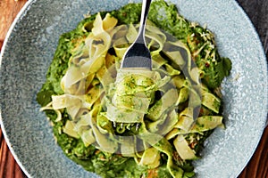 Fettuccine pasta with pesto sauce