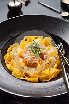 Fettuccine pasta with traditional Italian Passat sauce and parmesan cheese in black plate on dark background.