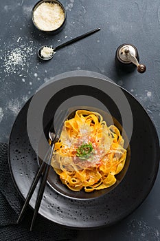 Fettuccine pasta with traditional Italian passat sauce and parmesan cheese in light plate on old white concrete background. Top