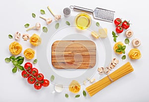 Fettuccine and spaghetti with ingredients for cooking pasta