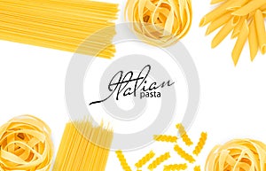 Fettuccine, spaghetti, penne, fusilli from durum wheat isolated on white background. Element for design photo