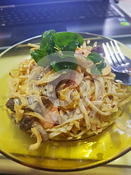 Fettucine salted egg with striploin steak