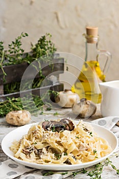 Fetuchini alfredo with mushrooms and chicken ham in creamy cheese sauce