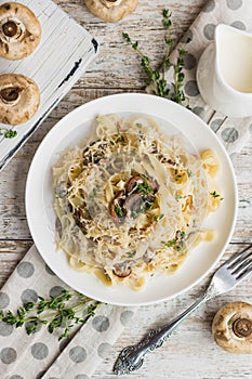 Fetuchini alfredo with mushrooms and chicken ham in creamy cheese sauce