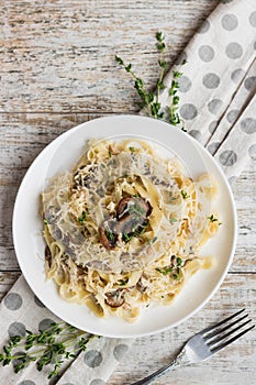 Fetuchini alfredo with mushrooms and chicken ham in creamy cheese sauce