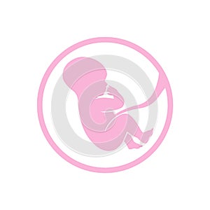 Fetus icon in a pink baby color. Embryol logo.