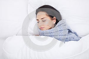 Fever And Cold. Portrait Of Beautiful Woman Caught Flu, Having H