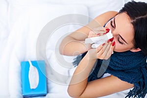 Fever And Cold. Portrait Of Beautiful Woman Caught Flu, Having H