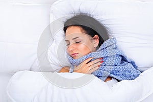 Fever And Cold. Portrait Of Beautiful Woman Caught Flu, Having H