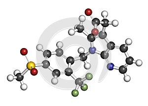Fevipiprant asthma drug molecule. 3D rendering. Atoms are represented as spheres with conventional color coding: hydrogen (white
