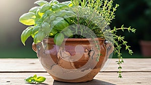 A few basil leaves are scattered on the table adding a touch of