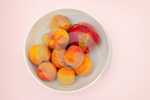 Few biologic nectarina, apricots on white bowl