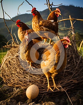 Few chickens sit on the nest outdoors. One egg with spots rolled down on ground. Generative AI