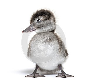 Few days old Madagascar teal duckling, Anas bernieri, Isolated on white