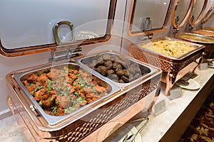 A few dishes of fried chicken meat, Hara Bara Kebab and fried Saffron rice food catering