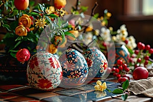 A few hand-painted Easter eggs lie among the colourful flowers.