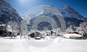 Few houses in Alpine village in Switzerland