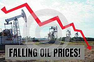 A few oil rigs in the box say `falling oil prices` and a declining graph with a red and white arrow.