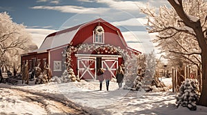 A Few People Walking Toward Red Barn, House or Shop Decorated for Christmas in a Beautiful Winter Snowy Scene