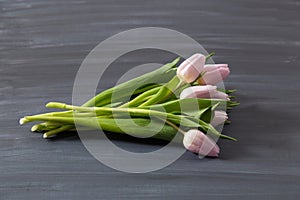 Few pink tulips flowers on dark chalcboard surface. Bouquet on a blur abstract background with copy space.