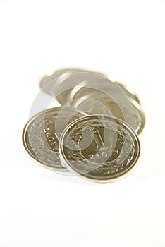 Few polish one zloty coins on white photo