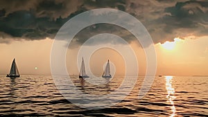 A few sailboats in a sea at sunset, magic sun reflection, sun path, the sky of pink color, the darkness storm sky, rain