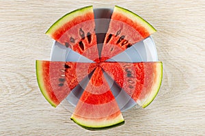 Few small slices of watermelon in blue plate on wooden table. Top view