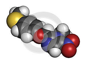 Fexinidazole antiprotozoal drug molecule. 3D rendering. Atoms are represented as spheres with conventional color coding: hydrogen photo