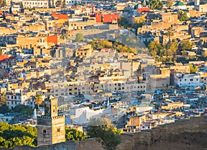 Fez medina view from above with sunset light in Morocco