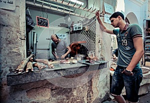 FEZ, MOROCCO, JUNE 2016: traditional shop in the old market. Street vendor in the old medina