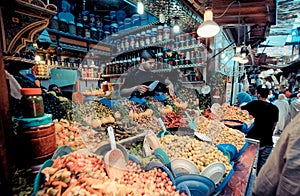 FEZ, MOROCCO, JUNE 2016: traditional shop in the old market. Street vendor in the old medina