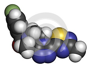 Fezolinetant drug molecule (NK3 receptor inhibitor). 3D rendering. Atoms are represented as spheres with conventional color coding