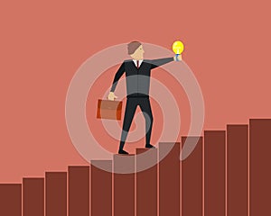 ÃÅ¾ffice worker, employee or businessman in a suit is climbing career ladder up the steps with a light bulb in his hand. photo