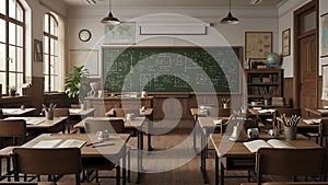 vintage classroom interior with blackboard math