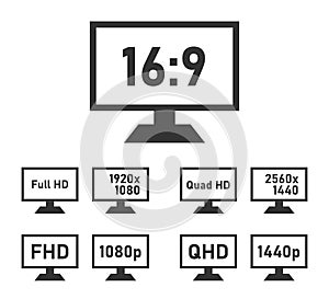 FHD and QHD specifications icon set, full hd and quad hd display features